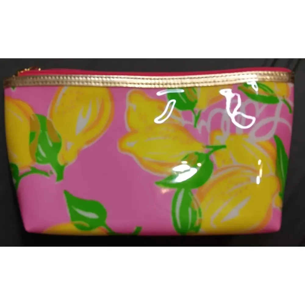 Lilly Pulitzer Estee Lauder Waterproof Makeup Bag Pink w Lemon Print Zip Pouch